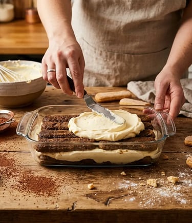 Hands spreading mascarpone cream over espresso-soaked Savoiardi biscuits to make Tiramisu