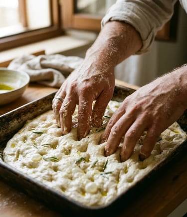 Hands pressing dimples into focaccia dough with olive oil and rosemary in an iron tin