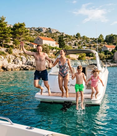 Family jumping off private speedboat into turquoise water, Dalmatian coast, Croatia