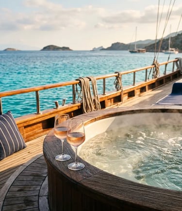 Heated Jacuzzi on aft deck of premium Gulet with Adriatic Sea panorama