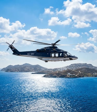 Private helicopter flying over the Aegean Sea approaching a Cyclades island