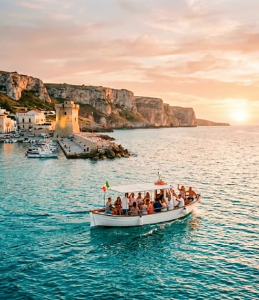 White tour boat leaving Torre Vado seafront at golden hour with cliffs and tower in background.