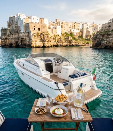 Luxury private boat anchored by Polignano cliffs with burrata, focaccia and wine on deck
