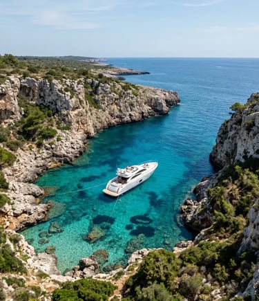 Aerial drone shot of luxury yacht anchored in secluded turquoise cove on Puglia Adriatic coast