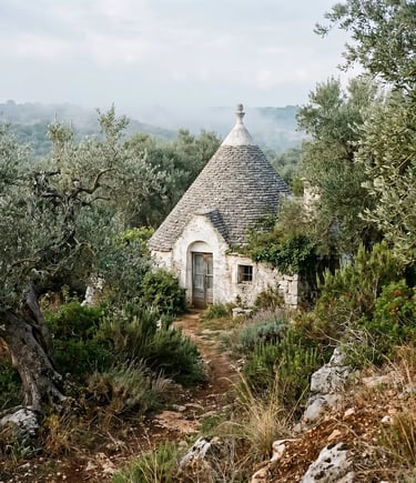 Isolated whitewashed trullo with stone roof hidden among olive trees in misty Puglia
