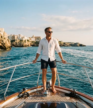 Confident man in white linen shirt on boat bow, Puglia white cliffs and sea behind