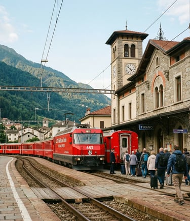 Red Bernina Express train at Tirano station platform with passengers boarding