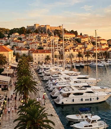 Luxury yachts moored in Hvar harbor at sunset on a premium Split boat tour