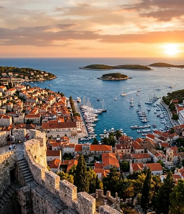 Sunset panoramic view of Hvar town and Pakleni Islands from Španjola Fortress, Croati