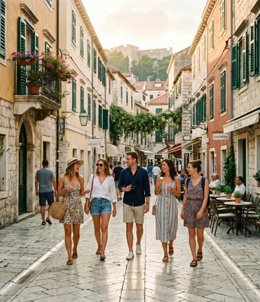  Friends walking through historic stone streets of Hvar Town during private boat tour from Split