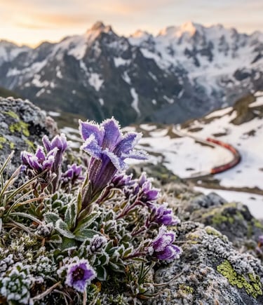 Frost-covered purple alpine wildflowers at Bernina Pass with red train curving in snow below