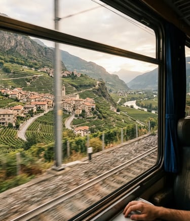 View from train window over Valtellina valley with terraced vineyards and Italian village