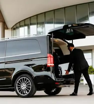 Luxury black Mercedes V-Class private transfer van with professional driver for Puglia tours from Lecce