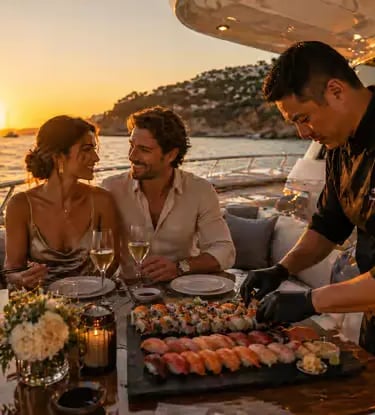 Elegant couple enjoying luxury yacht dining with personal chef service at sunset on deck.