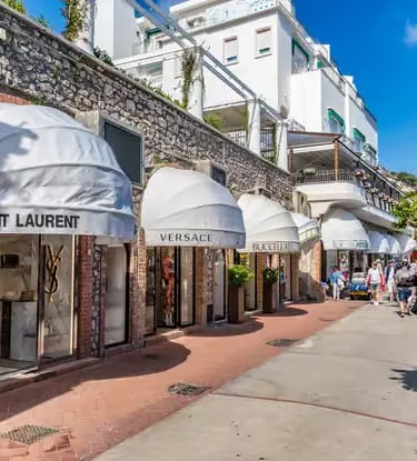 Luxury boutiques on Via Camerelle in Capri town, the shopping street near the Piazzetta and funicular.
