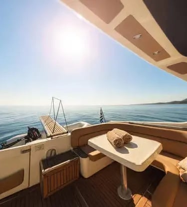 Spacious Italian-designed luxury cockpit on Cranchi 39 yacht cruising the Ionian Sea