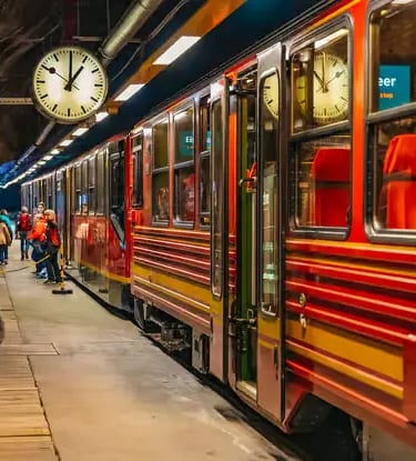 Red train at the underground Jungfraujoch railway station Top of Europe terminal