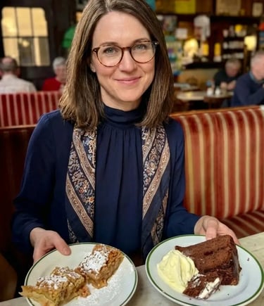 Woman holding plates of Apple Strudel and Sachertorte in a Vienna cafe.