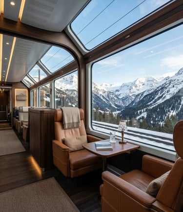 Luxury leather seats inside Bernina Express panoramic carriage with snowy mountain views