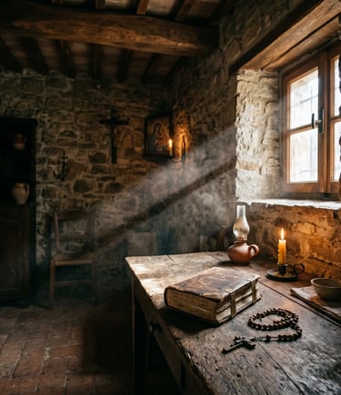 Ancient stone room with rosary, prayer book, candle and window light — Pietrelcina Italy
