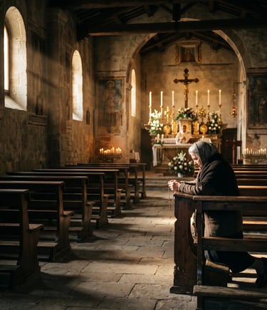 Elderly woman kneeling in prayer inside ancient Italian chapel with candlelit altar
