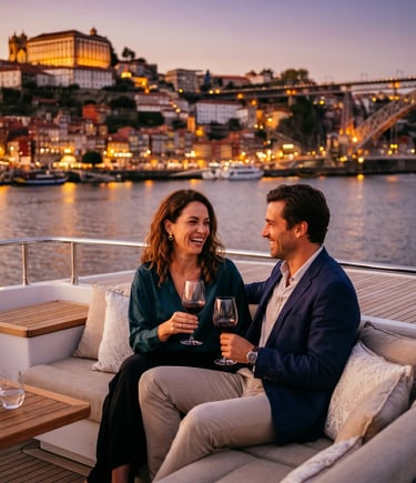 Elegant couple enjoying red wine on luxury yacht deck with Porto skyline at sunset