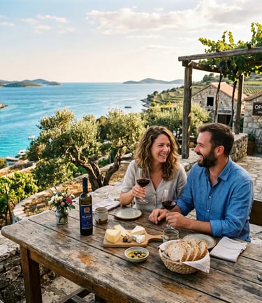 Couple enjoying wine and local cheese at rustic family winery overlooking Adriatic sea Croatia