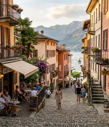 Red Swiss express train curving above turquoise alpine lake near Interlaken with snowy peaks