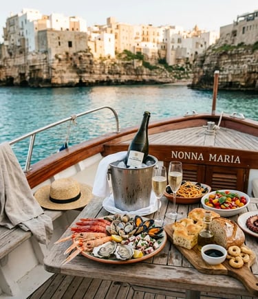Italian seafood lunch and Apulian sparkling wine served on boat deck near Polignano a Mare