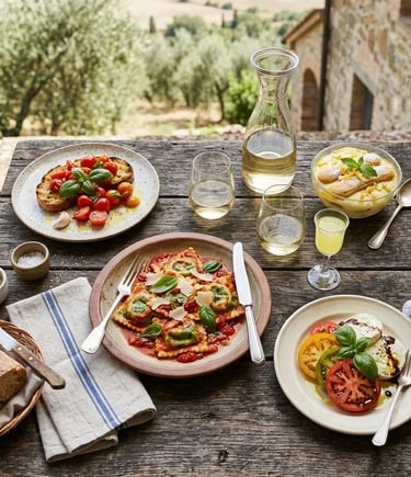 Four-course Italian meal with ravioli mozzarella bruschetta and limoncello at farmhouse table