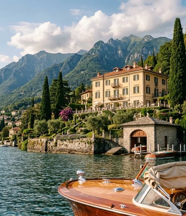 Villa Oleandra in Laglio seen from a private mahogany boat on Lake Como