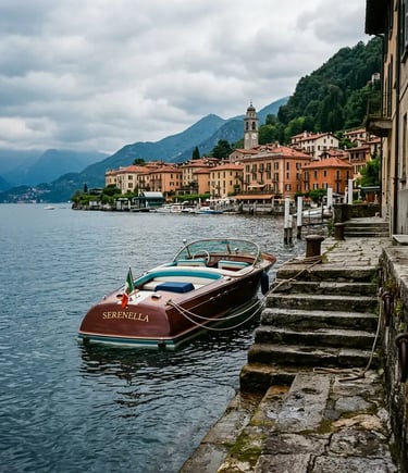 Aerial view of a private wooden boat departing a lakeside villa dock on Lake Como at dawn