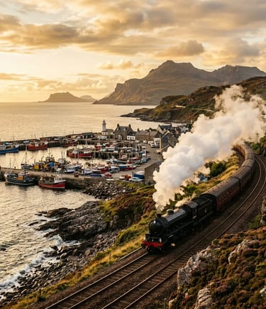 Jacobite Steam Train approaching Mallaig harbour with fishing boats and mountains at sunset