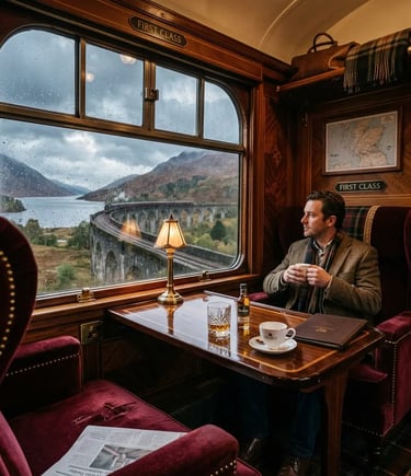 First class Jacobite compartment with whisky and tea, Glenfinnan Viaduct visible through window