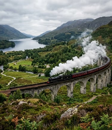  Jacobite steam train crossing Glenfinnan Viaduct with loch and Highland mountains in background