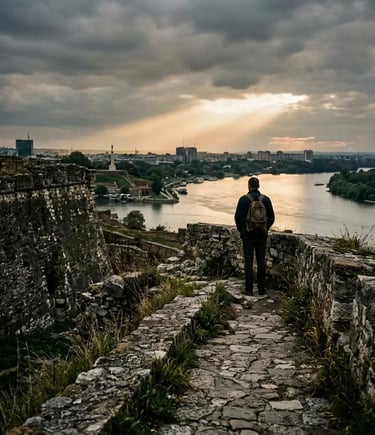 Solo traveler standing on Kalemegdan Fortress walls overlooking Sava and Danube river confluence