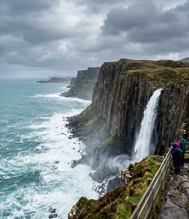 Kilt Rock columnar basalt cliffs with Mealt Falls plunging into the sea Isle of Skye