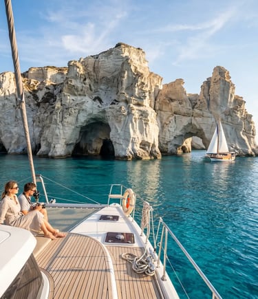 Travelers on catamaran deck viewing white Kleftiko cliffs and turquoise sea near Milos, Greece.