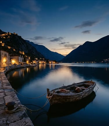 Weathered wooden boat moored in Bay of Kotor at dusk with mountain silhouettes and village lights