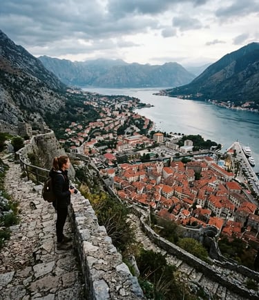 Traveler on Kotor fortress trail overlooking Old Town rooftops and the bay