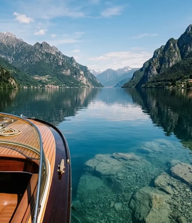 Classic mahogany boat on crystal-clear Lake Como water with Alpine peaks rising