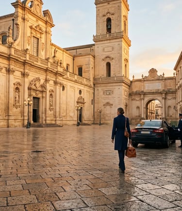 Woman walking toward private car at dawn in Lecce Piazza Duomo starting Valle d'Itria day trip