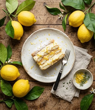 Lemon tiramisù on ceramic plate surrounded by fresh Amalfi lemons on rustic farmhouse table