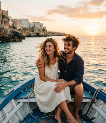 Happy couple sitting on blue wooden boat at golden sunset with Puglia coastline behind them
