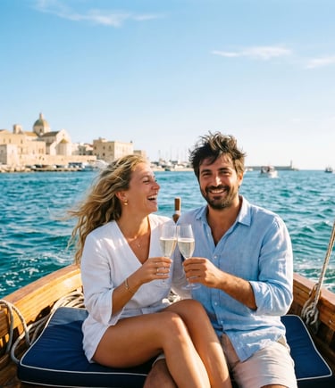 Smiling couple clinking Prosecco glasses on wooden boat with Bari old town in background