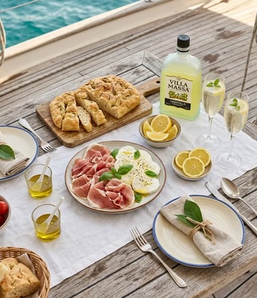 Limoncello brunch setup on yacht deck with prosecco focaccia prosciutto mozzarella and lemons