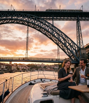 Couple toasting wine on private yacht beneath Dom Luis I Bridge during Porto sunset cruise