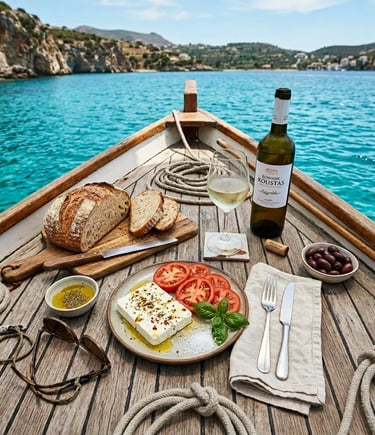 Fresh Mediterranean lunch served on a wooden boat deck anchored in a turquoise Sardinian cove