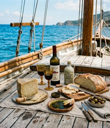 Traditional Sardinian lunch on sailing boat deck with pecorino cheese and Carignano wine