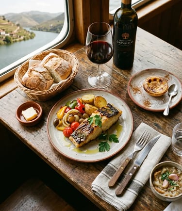 Grilled cod, vegetables, bread and red wine served onboard a Douro cruise with vineyard views.